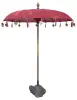  Product image 1 of the product “Bali umbrella, Red with wooden coins and gold leaves hanging around the edge. Approx. 190cm dia. and 250cm height ”